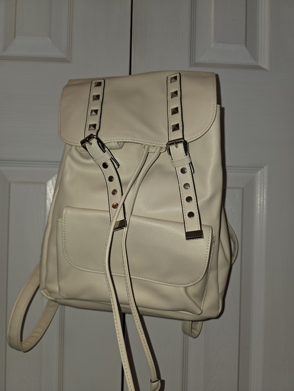 Cream Drawstring Backpack with Studded Straps